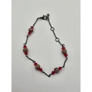 Vintage Style Red Beaded Bracelet - Cloisonné Style Red Acrylic Beads